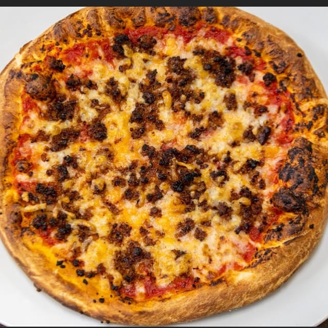 Plant-based sausage pizza.